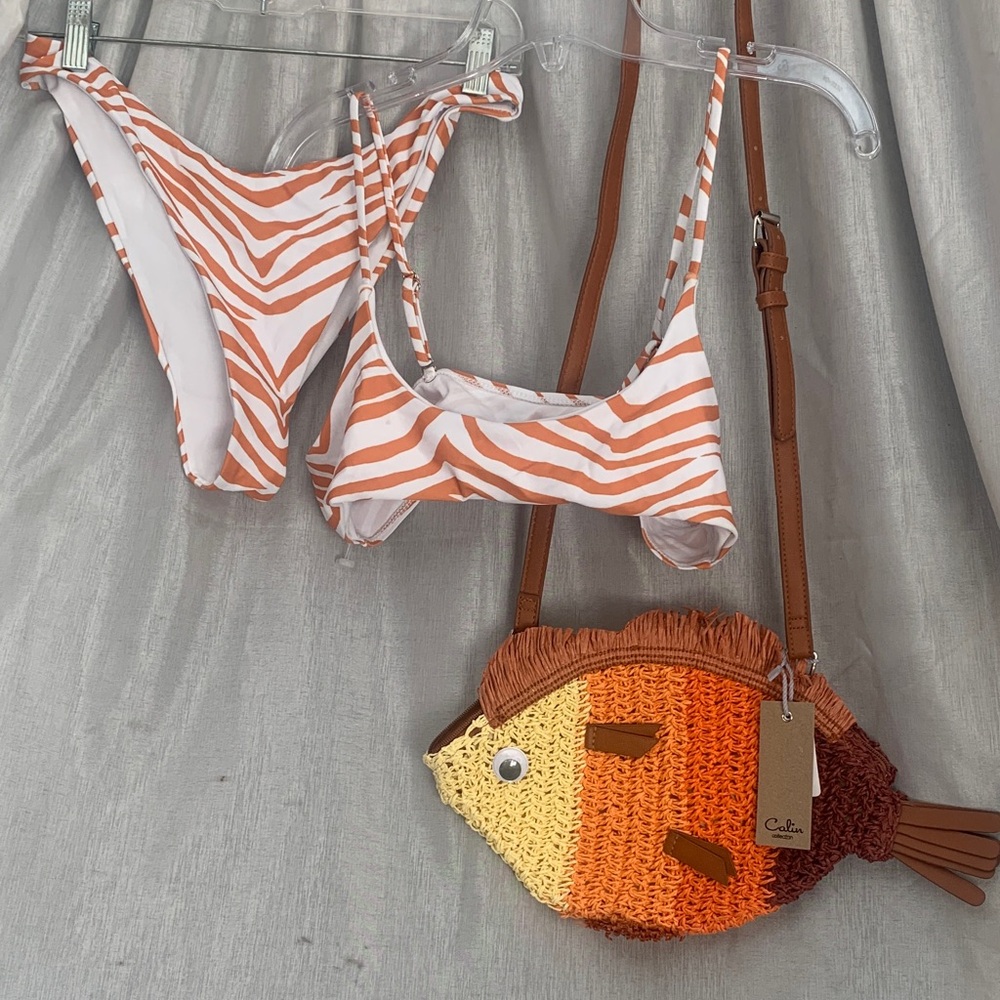 Straw Fish Mini Crossbody Bag in Orange/Brown